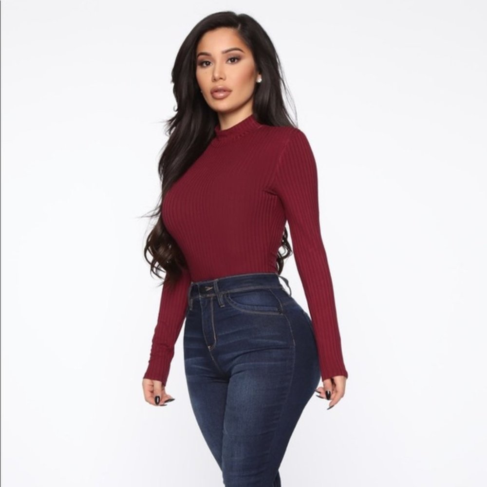 Fashion Nova Burgundy & Red Ribbed Bodysuit